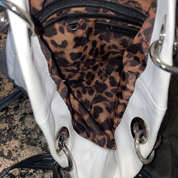 B. Makowsky Black White Silver‎ Large Leather Tote Hobo Handbag - Picture 7 of 9